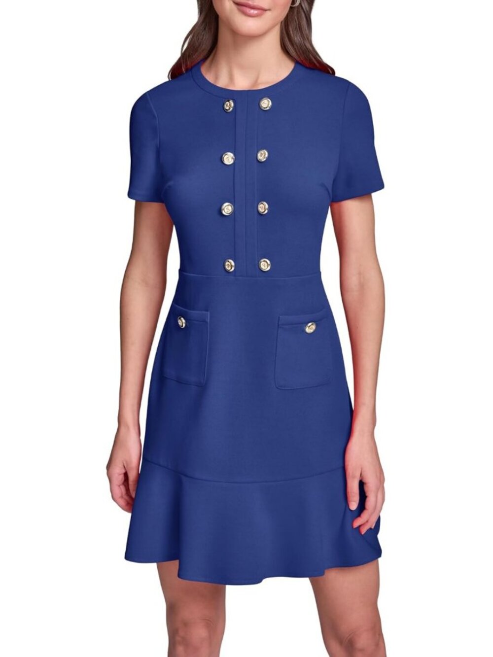 Chic Women's Short Sleeve Crew Neck A-line Flounce Hem Dress in Scuba Crepe
